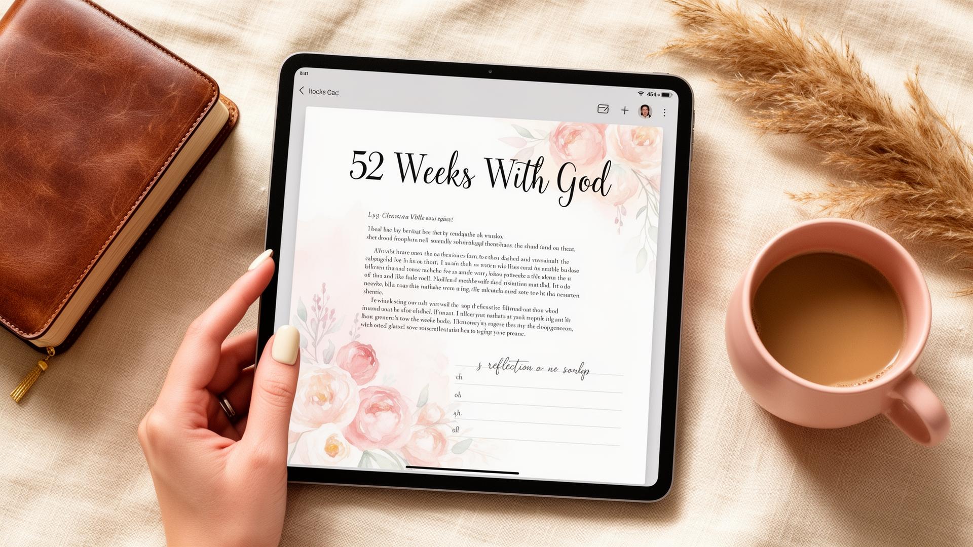 52 Weeks With God on iPad with leather Bible and blush mug
